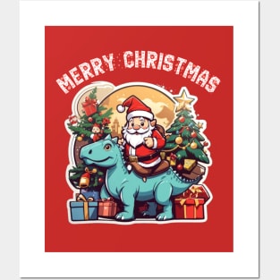 Santa clous riding a dinosaur Posters and Art